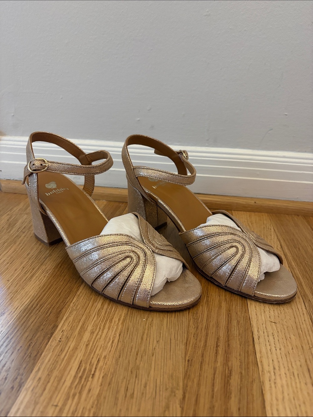 Bobbie’s Paris: Metallic Gold Block Heels with Ankle Strap